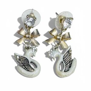 Betsey Johnson Swan Drop Earrings Rhinestone Bow Studs Rare Whimsical Dangle